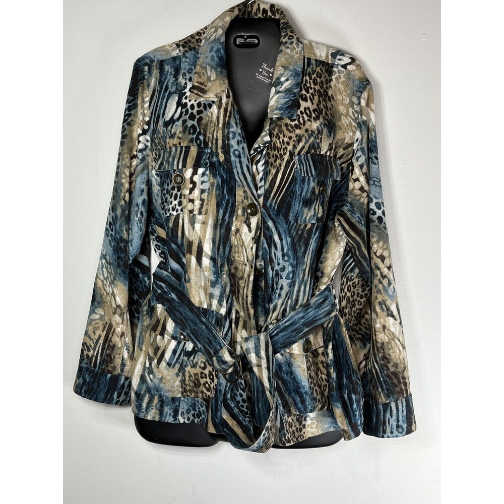 Chico's Jacket Womens 2 L Multicolor Animal Print Velour Belted Button Front